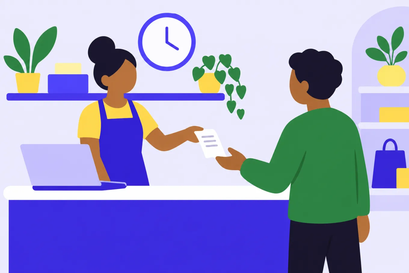 Una comerciante entrega un recibo de papel a un cliente en el mostrador, junto a una laptop y bajo un reloj de pared.