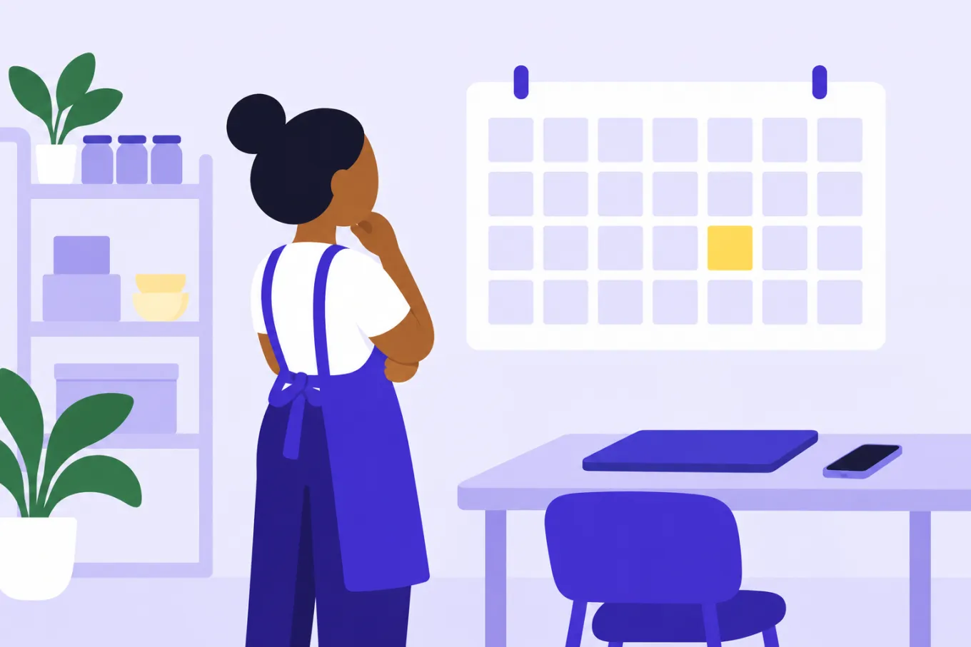 Una comerciante mira un calendario de pared con un solo día marcado en amarillo, junto a un escritorio con una laptop y un teléfono.